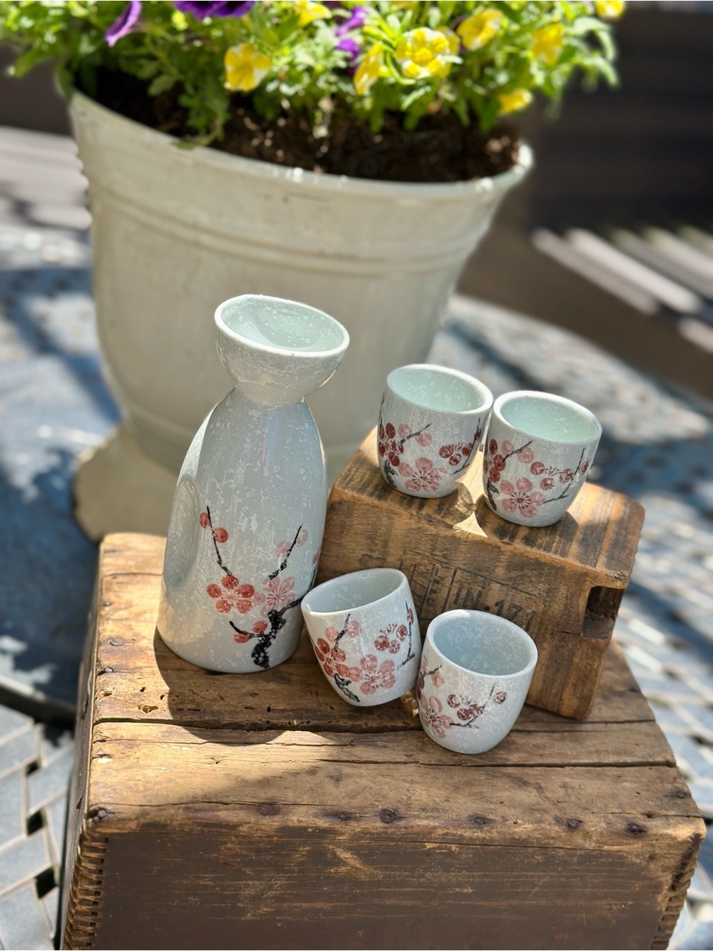 Japanese Style Ceramic Sake Set Tokkuri & 4 Cups Plum Blossom Decor NWOT
